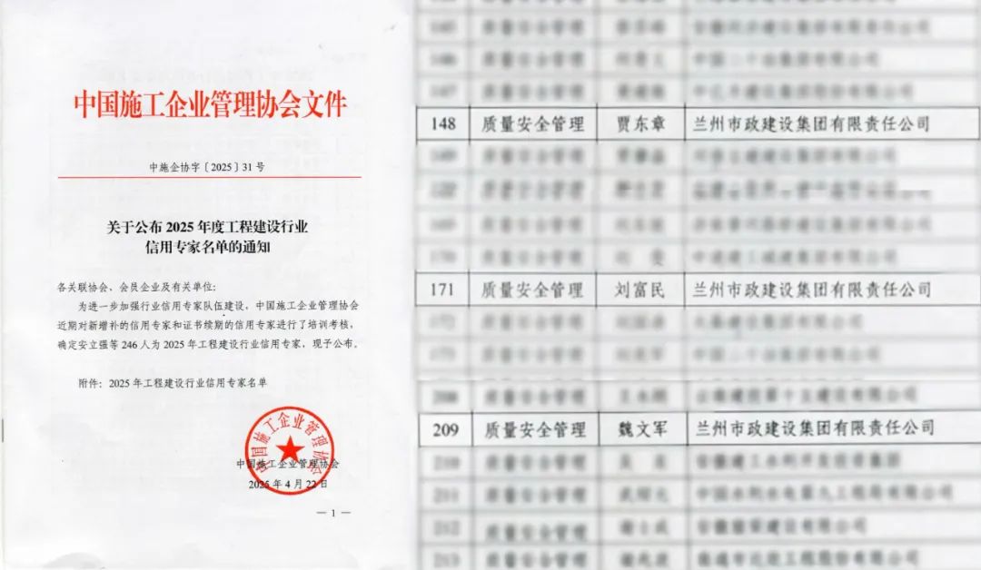 蘭州市政建設集團3人入選中國施工企...